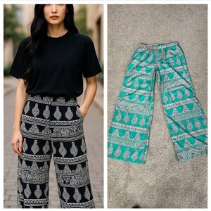 Umgee Boho Wide Leg Pants with pockets in Teal Green, cotton poly blend Size L